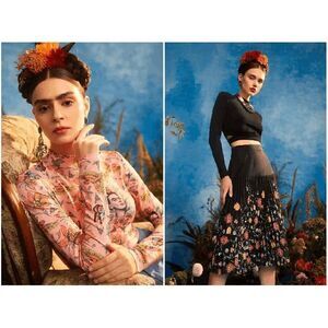 2pcs Frida Kahlo Bundle Mock Neck Tee and Floral Print Pleated Skirt SIZE S NWT